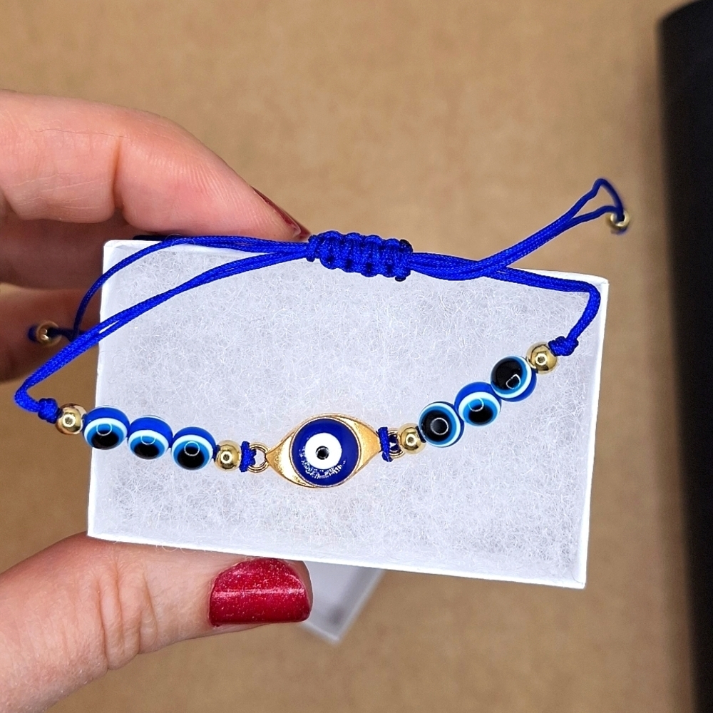 Blue adjustable evil eye string protection Rhinestone bracelet